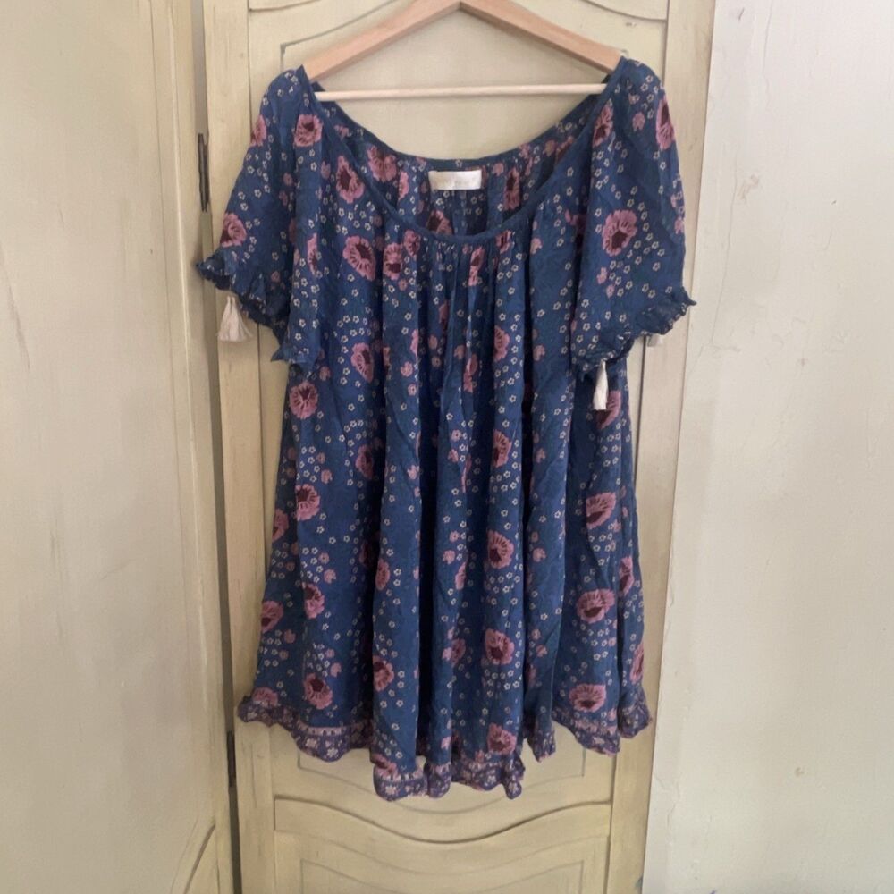 Natalie Martin Dress One Size Mini / Tunic Tassels Oversize Blue Floral Boho